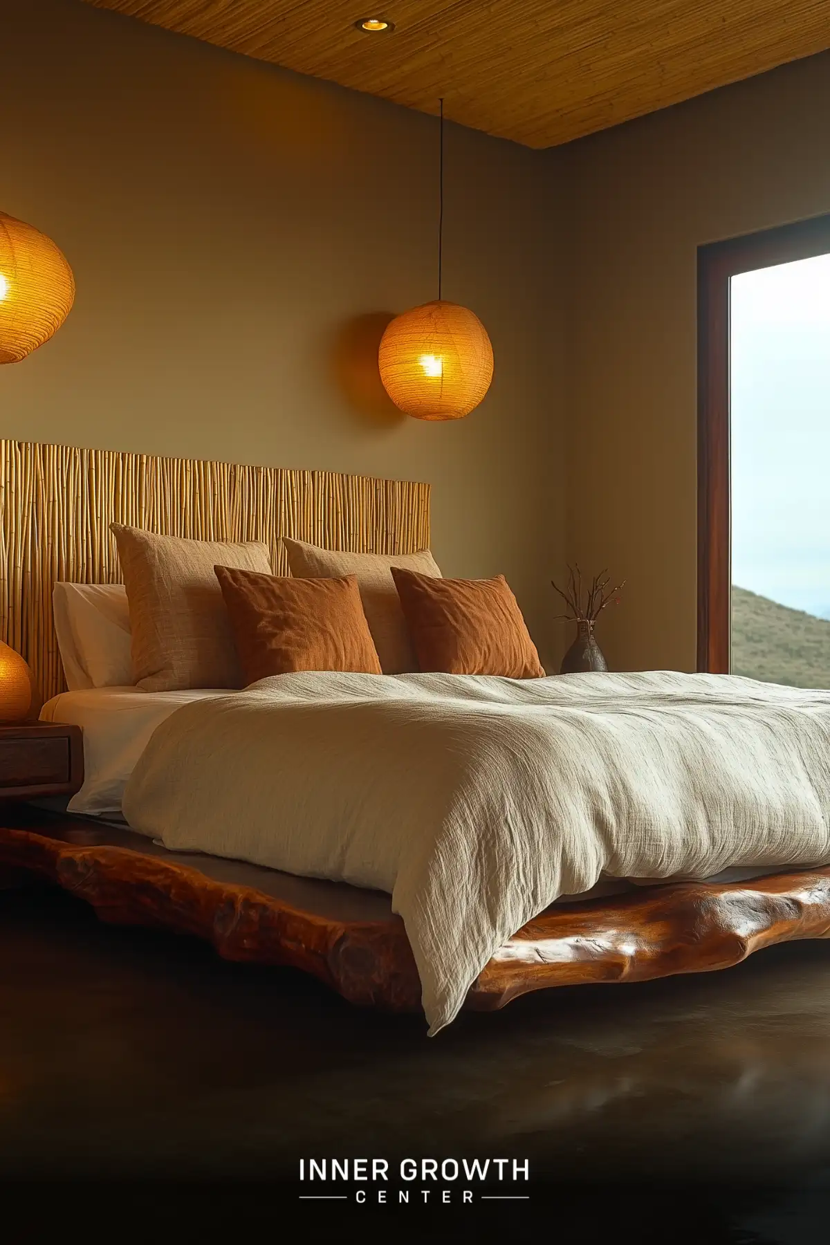 Bedroom with live-edge wood bed, paper lanterns, and earth-tone decor overlooking hills.