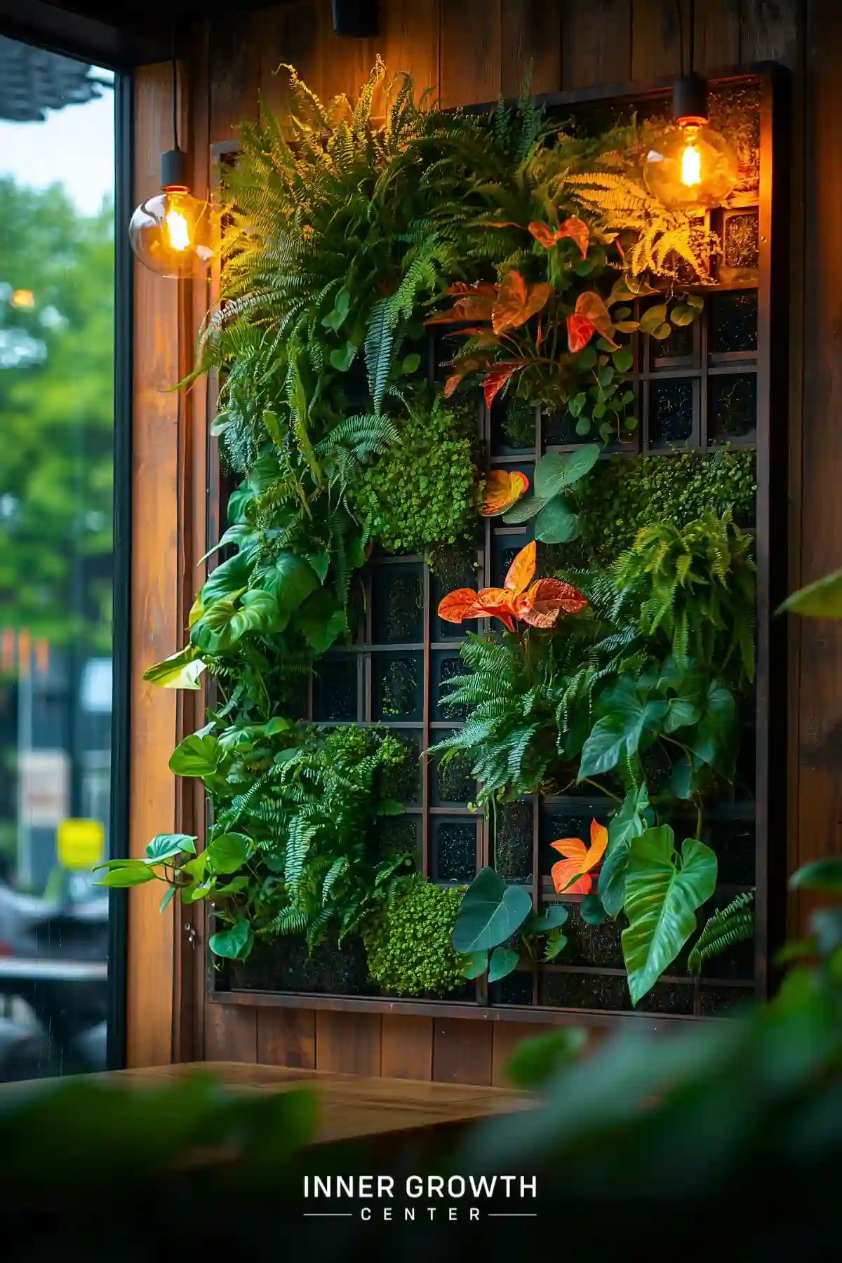 A gridded living wall with lush ferns and orange anthuriums is illuminated by vintage Edison bulb pendants against warm wood paneling.