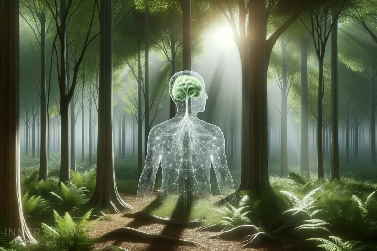 A green brain in control of the senses representing the ego mind.