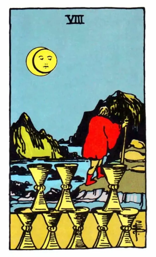 A man walks away from 8 golden cups as the 8 of cups tarot card.