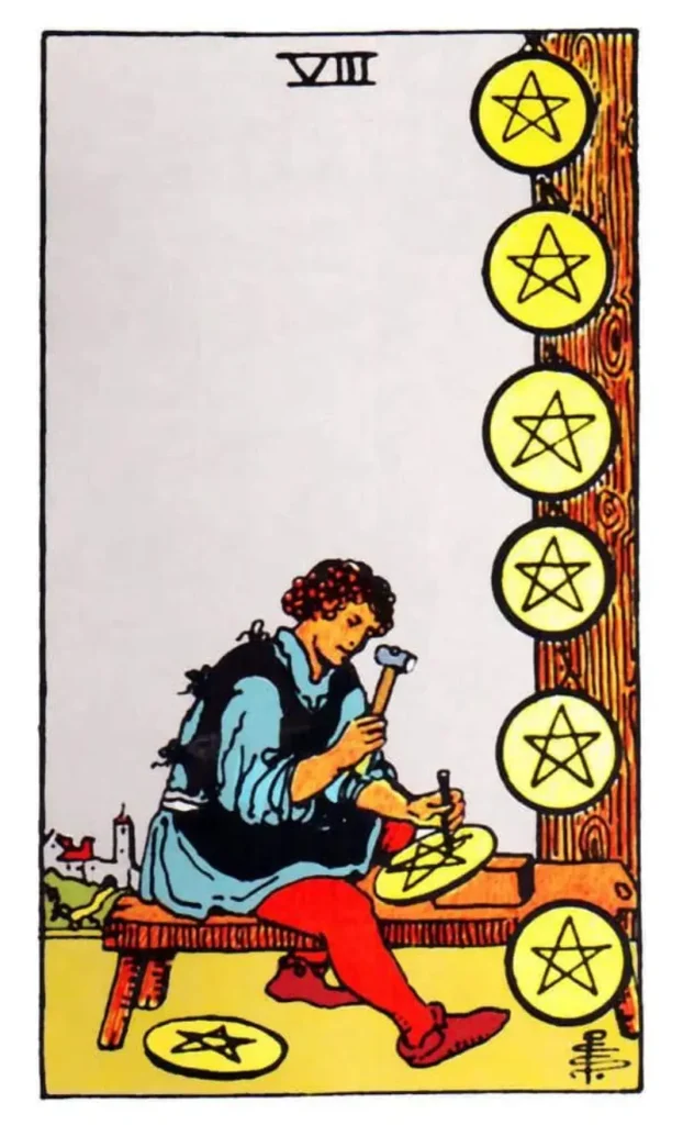 8 of pentacles tarot card showing a man crafting a pentacle sitting on a bench.