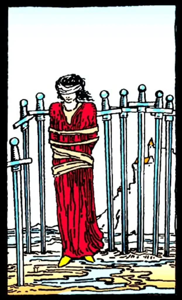 A person tied up and blindfolded to 8 swords, as the 8 of swords tarot card.