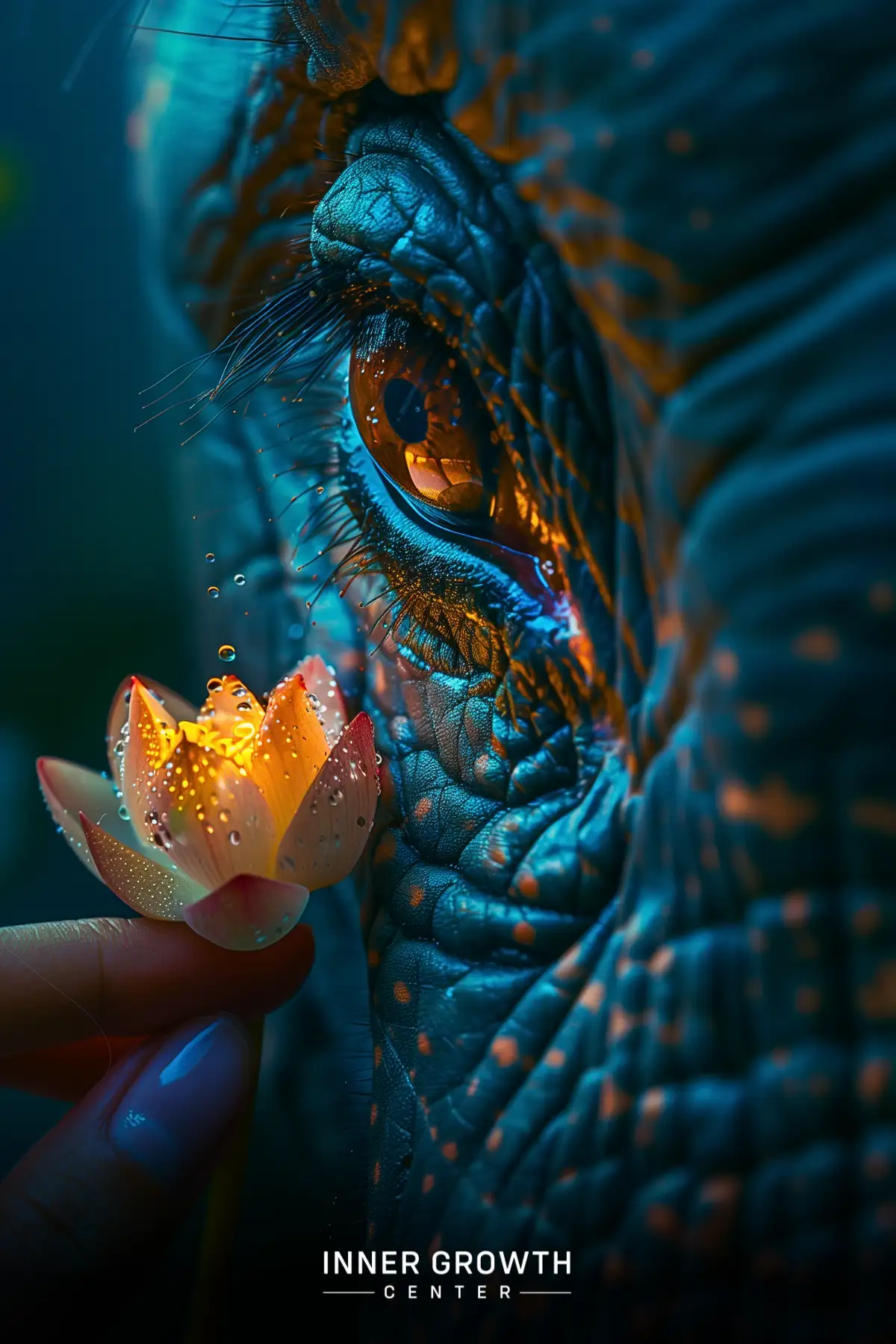 Close-up of an elephant's eye with a person holding a glowing lotus flower nearby.