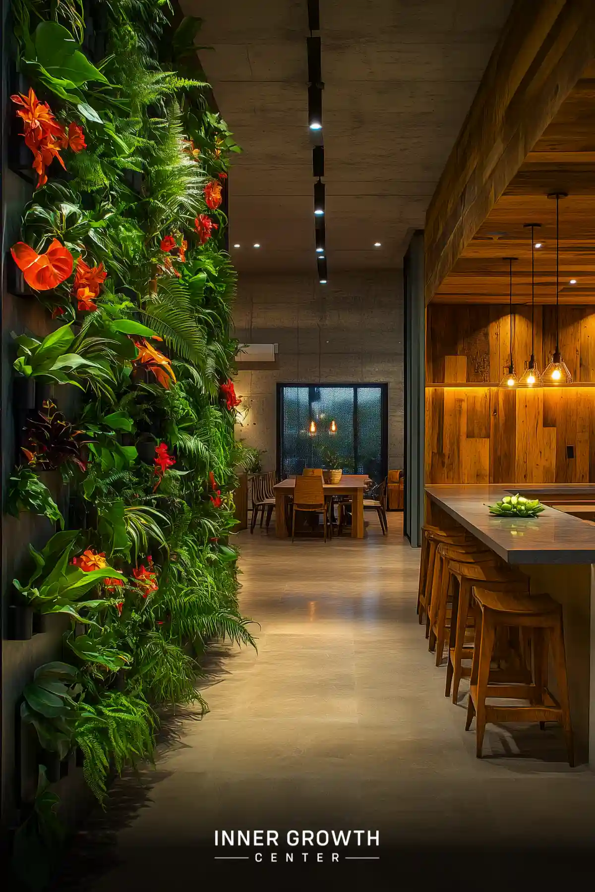 A modern dining space features a towering living wall with bright orange anthuriums and ferns, complemented by warm wood furnishings and ambient lighting.