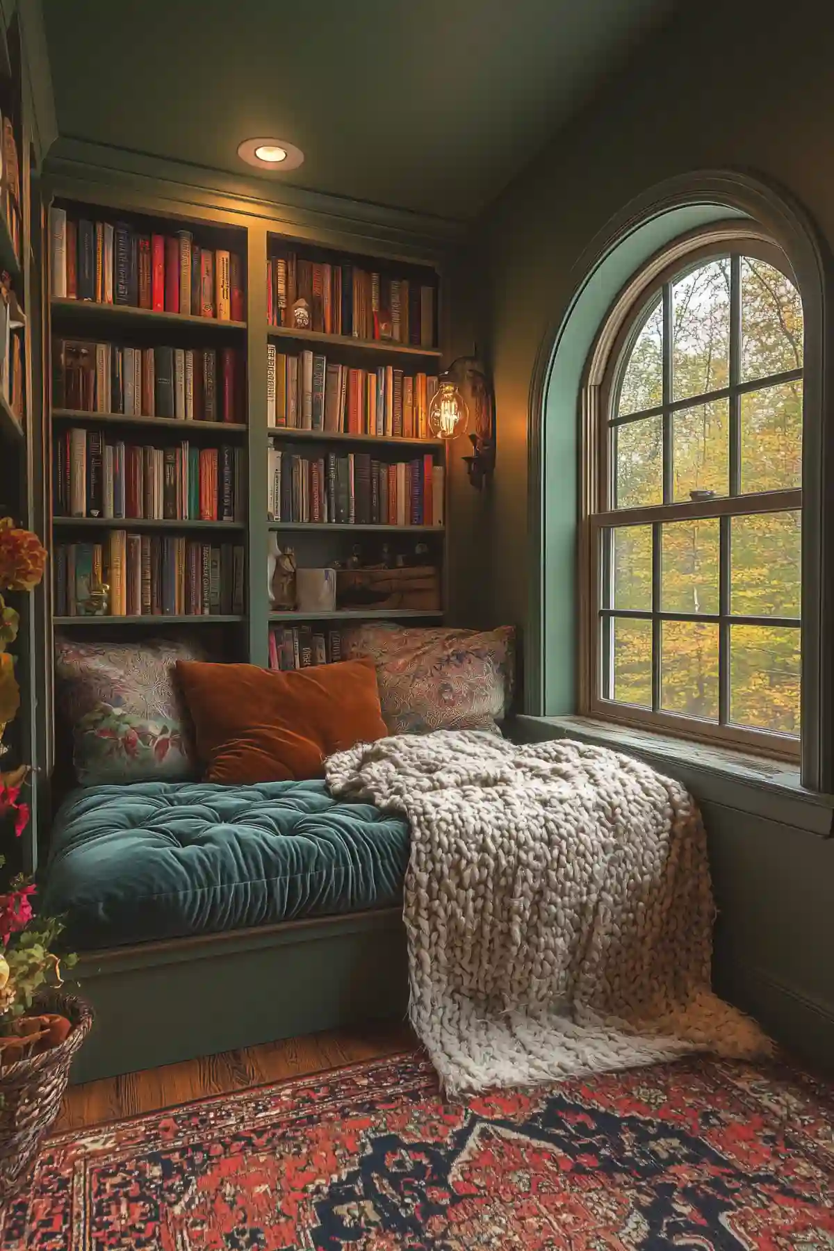 A cozy window seat reading nook with built-in bookshelves, tufted cushion, and chunky knit throw blanket beside an arched window overlooking autumn trees