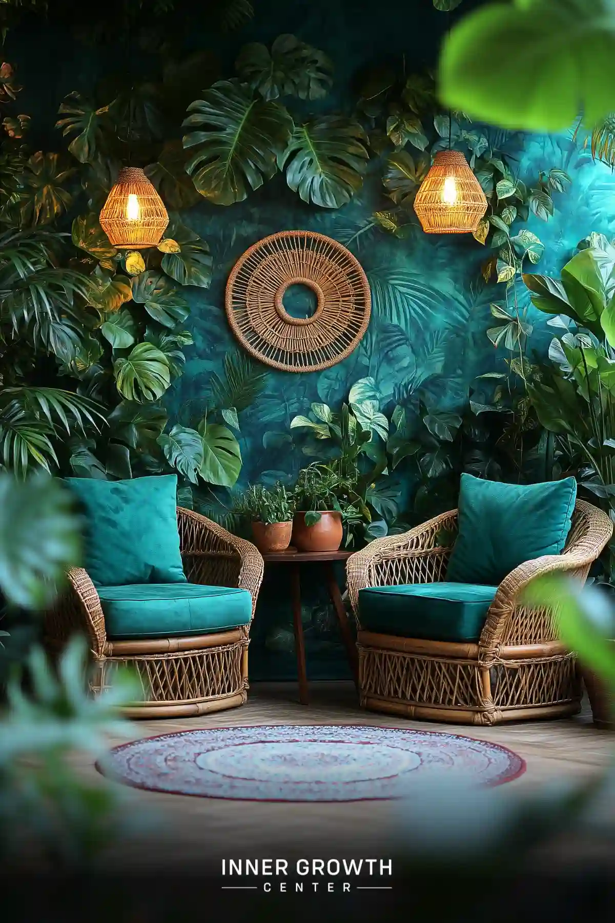 A cozy tropical meditation space featuring rattan chairs with teal cushions, surrounded by monstera leaves and warm bamboo lighting.