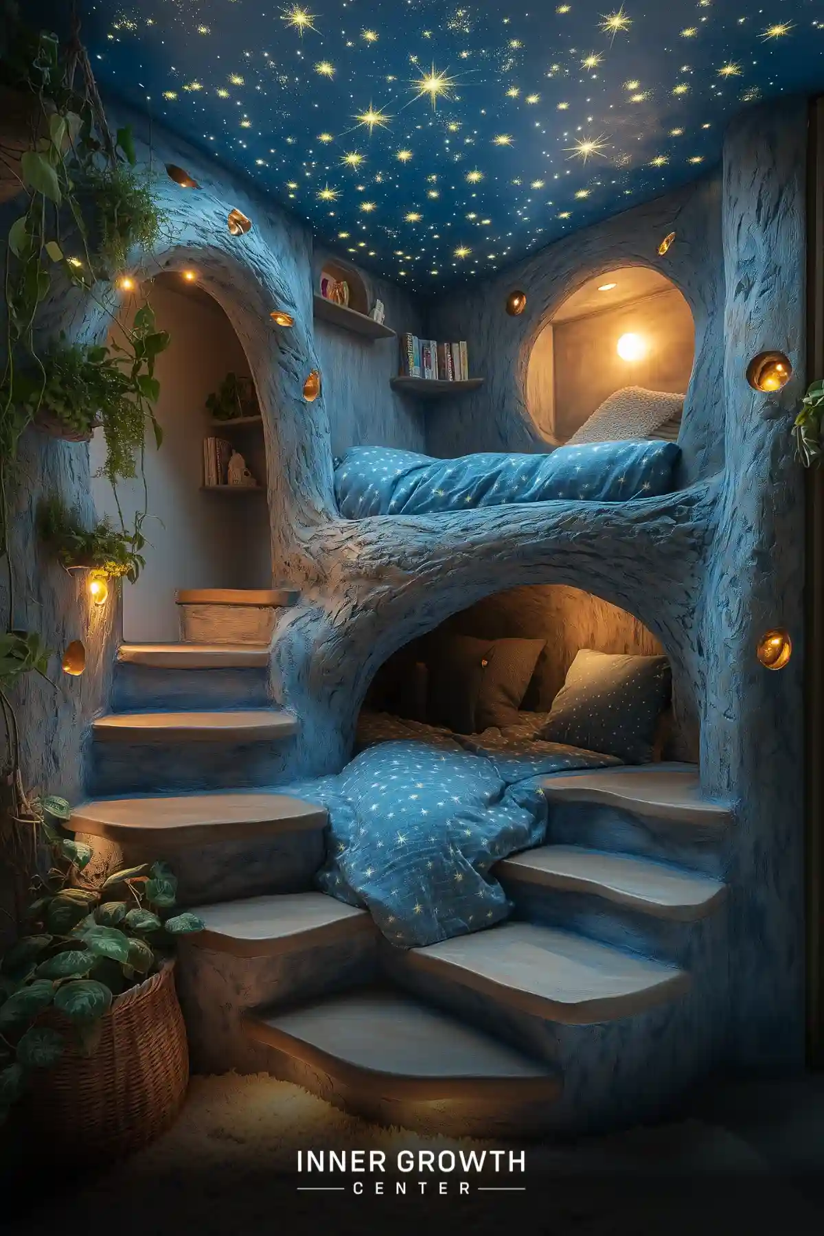 A cozy multi-level sleeping space with curved stone-like walls, built-in beds, star-patterned bedding, hanging plants, and a starlit ceiling creating a magical cave atmosphere.