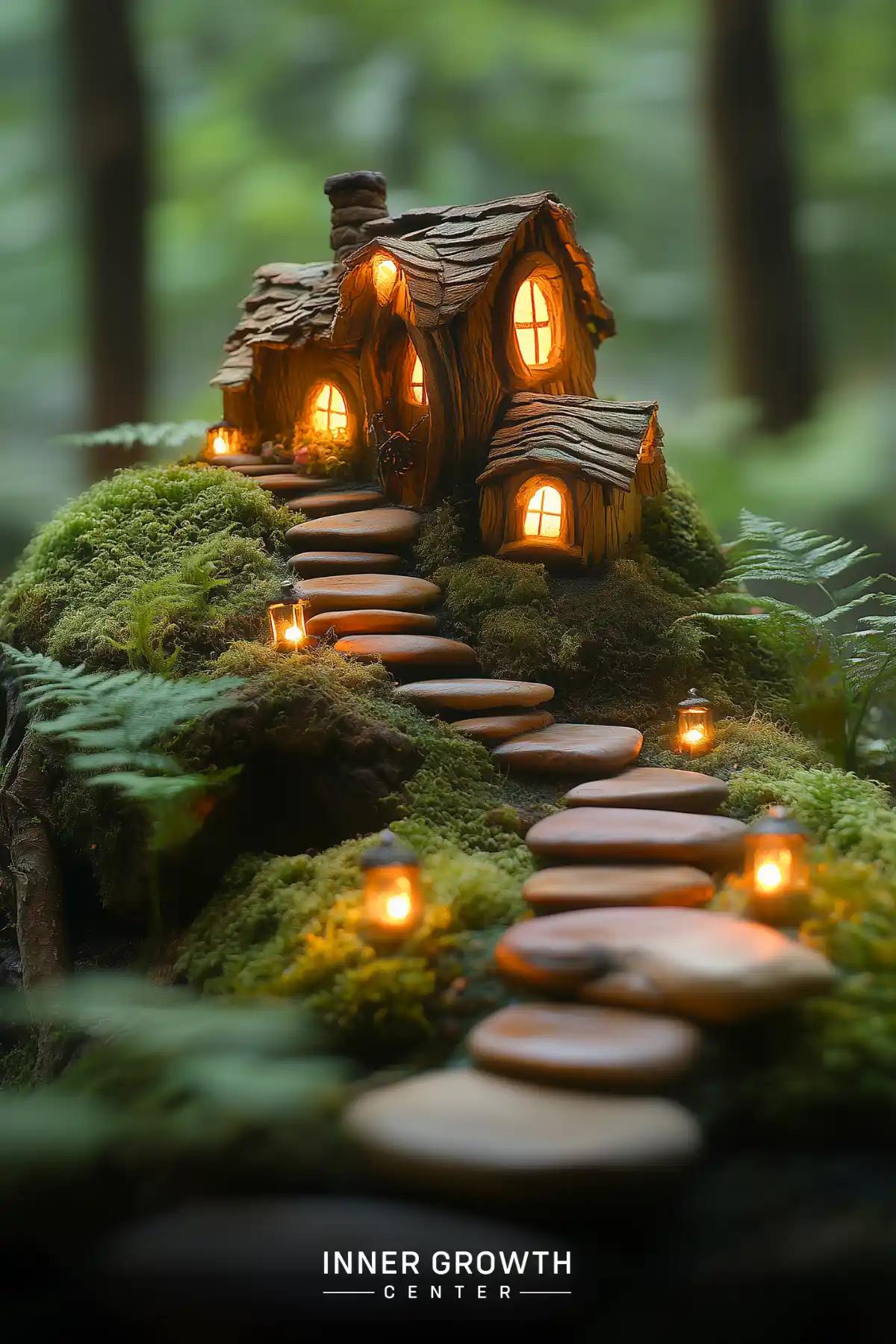 A whimsical miniature wooden cottage with glowing windows sits atop a mossy hill, accessed by illuminated stepping stones.