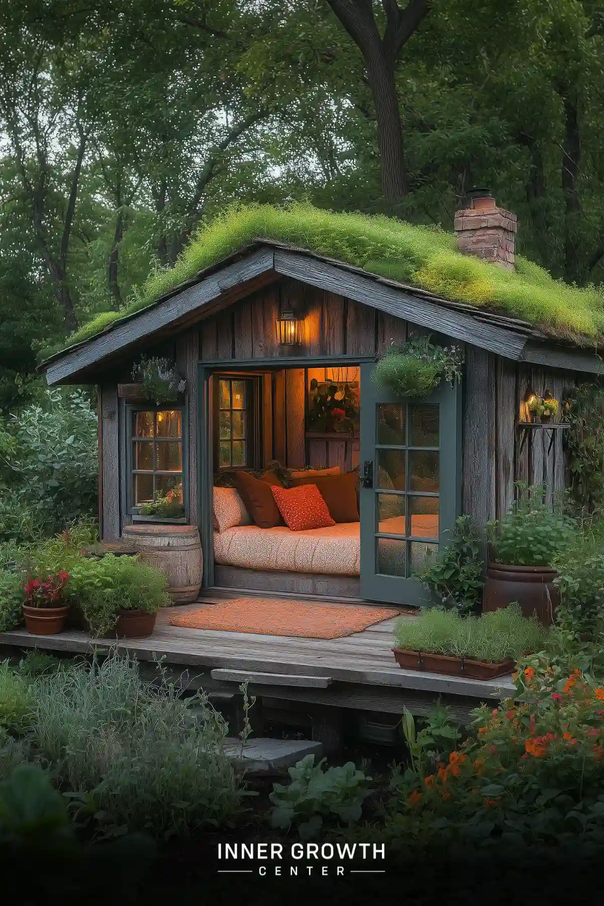 A cozy wooden cottage with a green roof, surrounded by lush forest and gardens, serving as a serene meditation retreat.