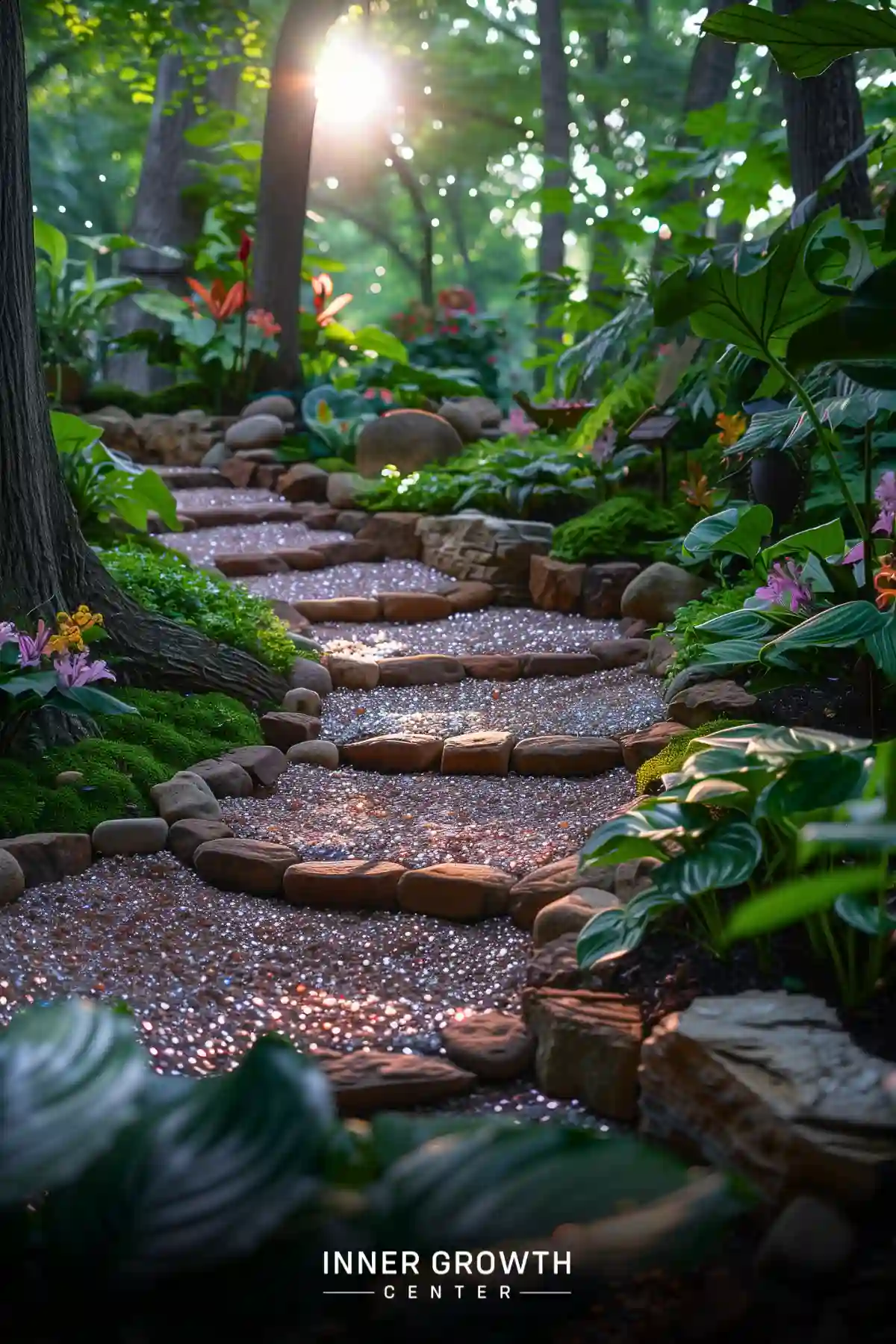 A winding gravel path through a lush garden with diverse plants and dappled sunlight.