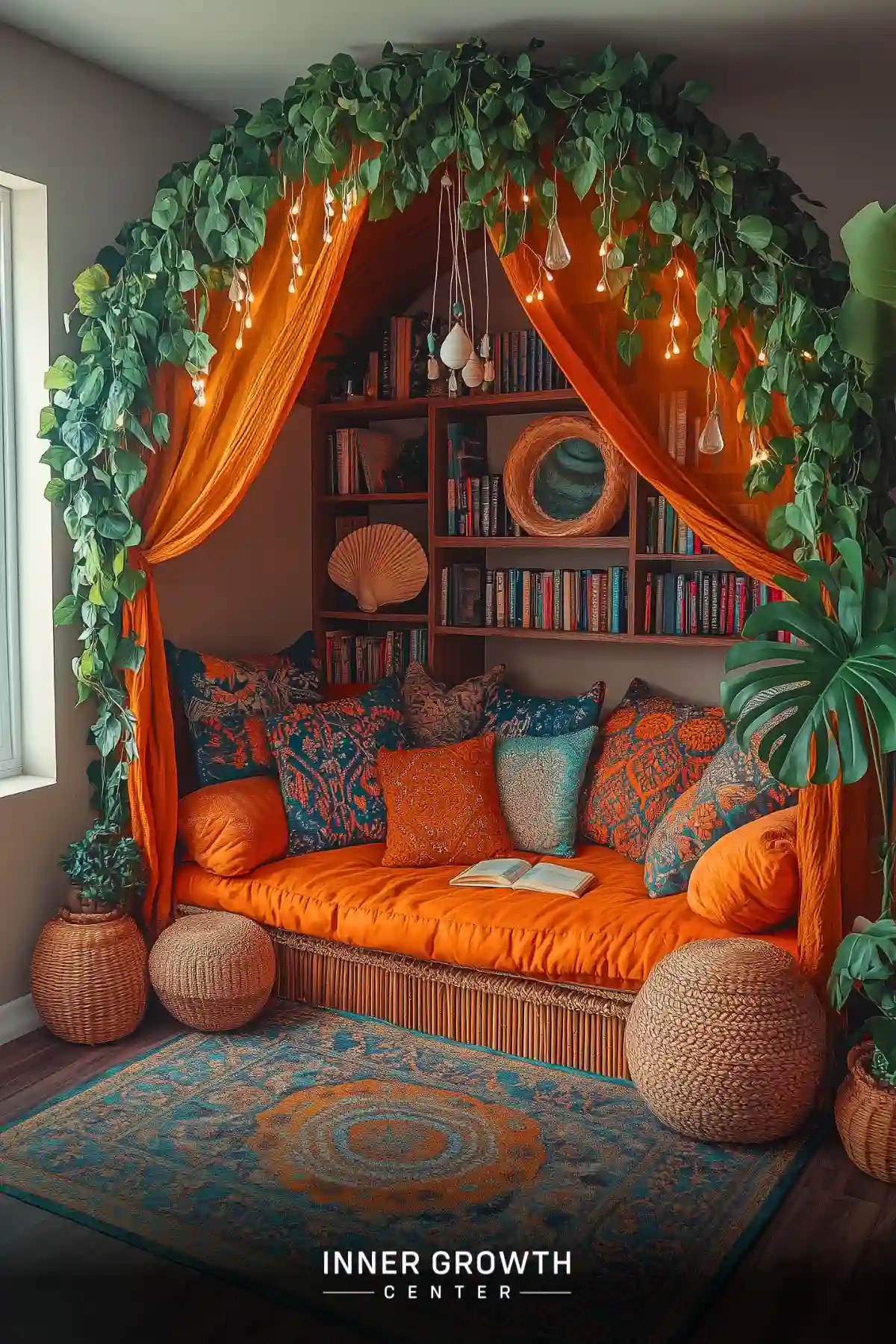 A cozy reading nook with vibrant orange cushions, surrounded by greenery and bookshelves.