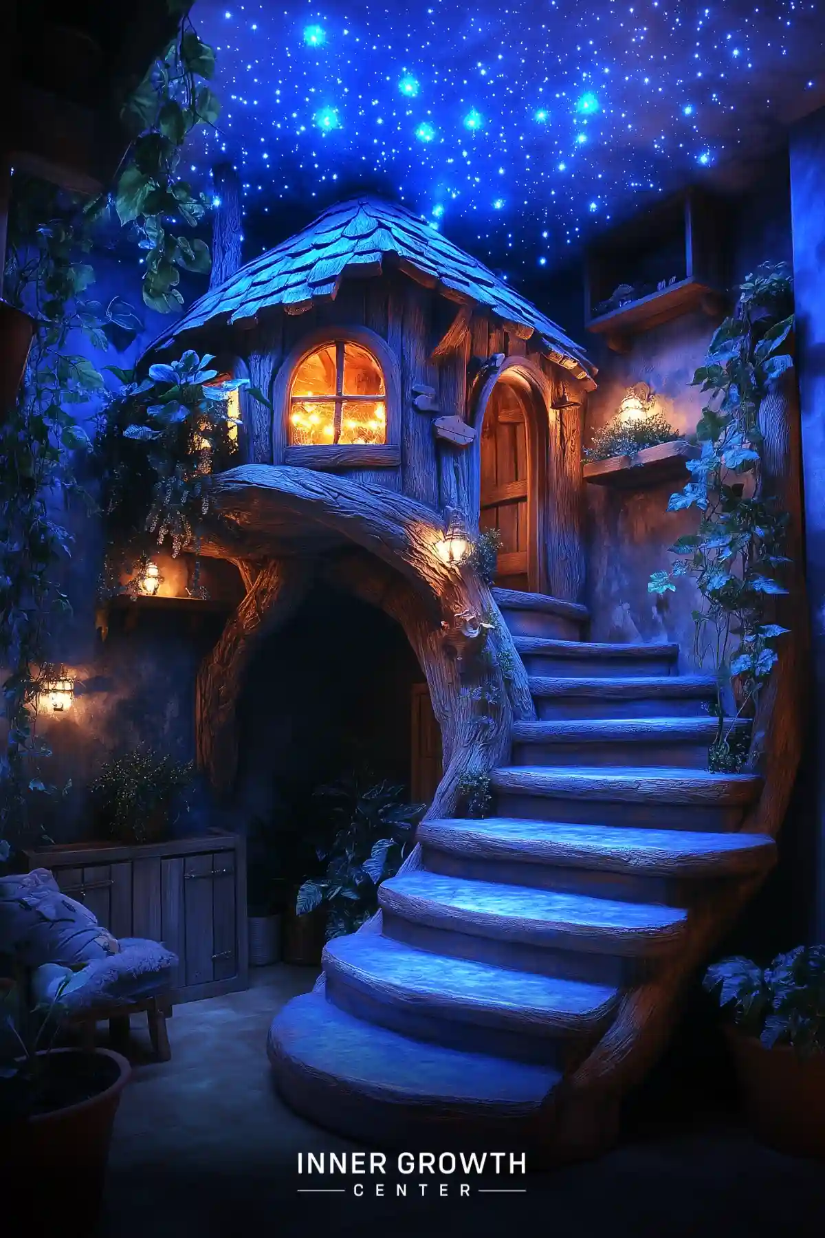 A whimsical treehouse meditation space with illuminated blue stairs, climbing vines, and a starlit ceiling, creating a magical nighttime atmosphere.