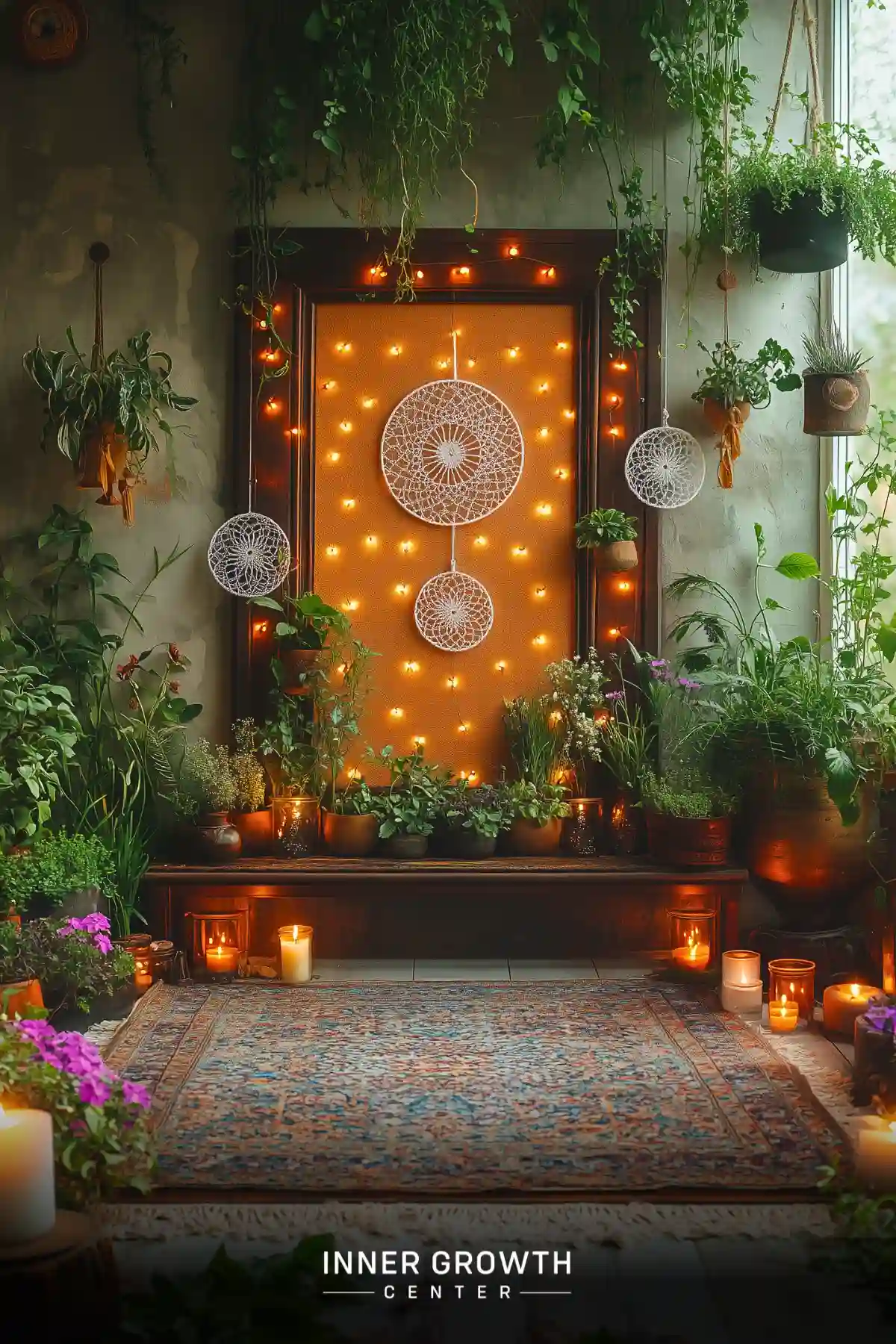 Cozy altar space with lush plants, fairy lights, dreamcatchers, and candles surrounding a patterned rug.