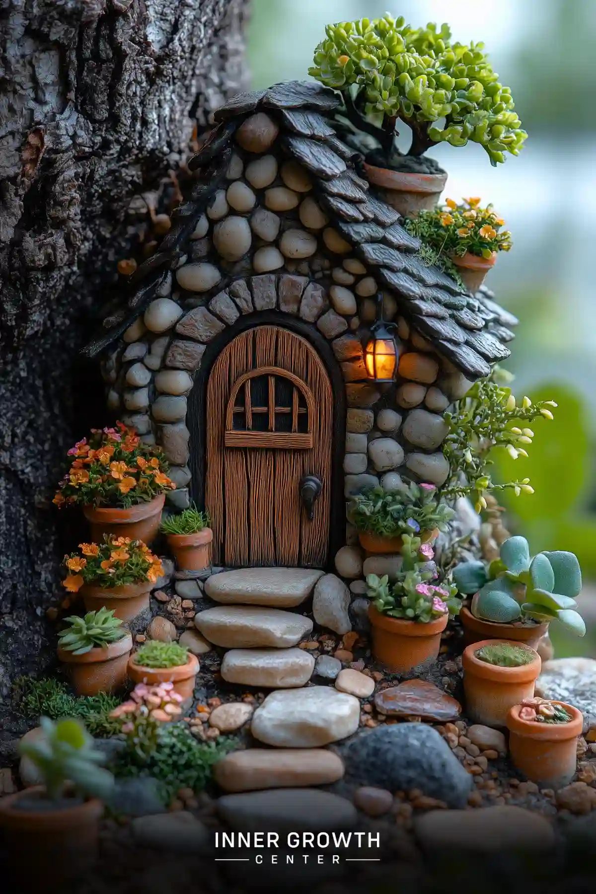 A miniature stone cottage door nestled in a tree trunk, surrounded by tiny potted succulents and illuminated by a warm glowing lantern.