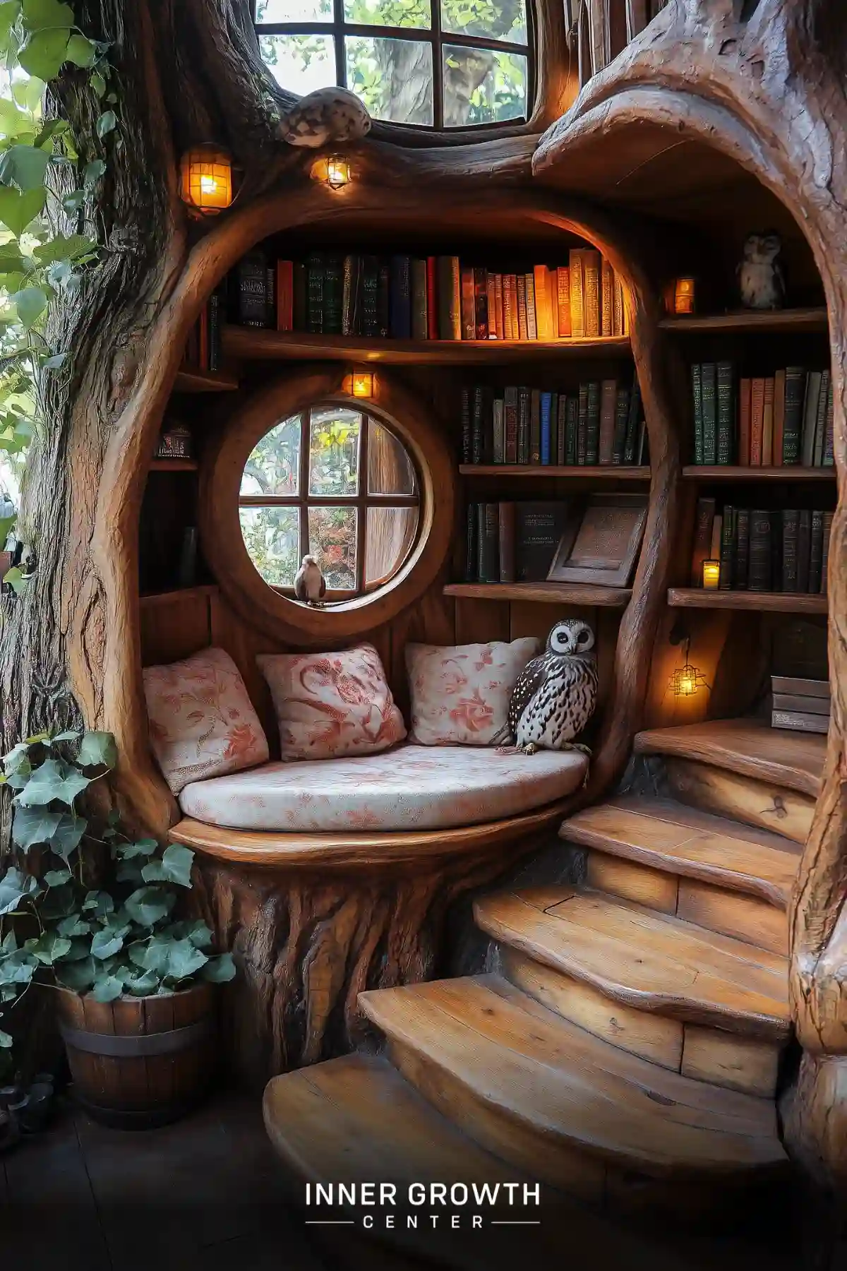 Cozy reading nook nestled in a tree-shaped bookcase with a round window and soft lighting.