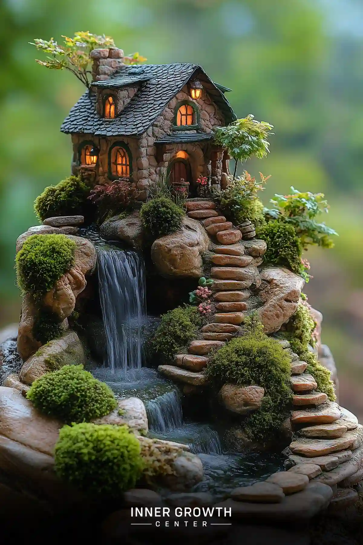 A miniature stone cottage perched atop a cascading waterfall with illuminated windows and winding stone steps, surrounded by moss gardens.