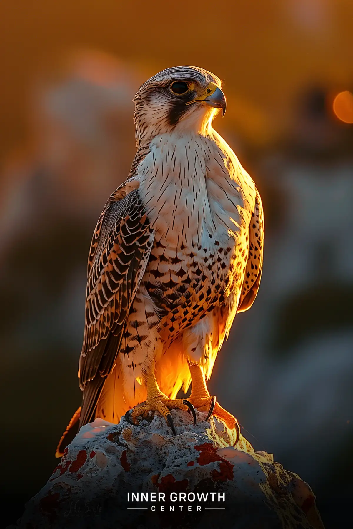 A majestic falcon perched on a rock, illuminated by golden sunlight.