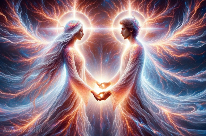 Two individuals standing together, hands intertwined, surrounded by a radiant aura, coming together at the end of the stages of a twin flame reunion.