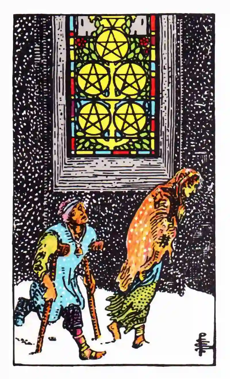 Tarot card with pentacles in front of a window.