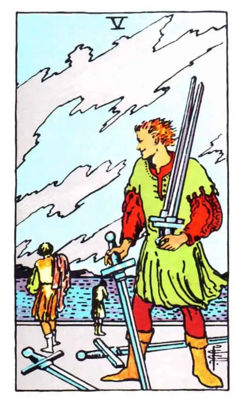 A man carrying swords as the 5 of swords tarot card.