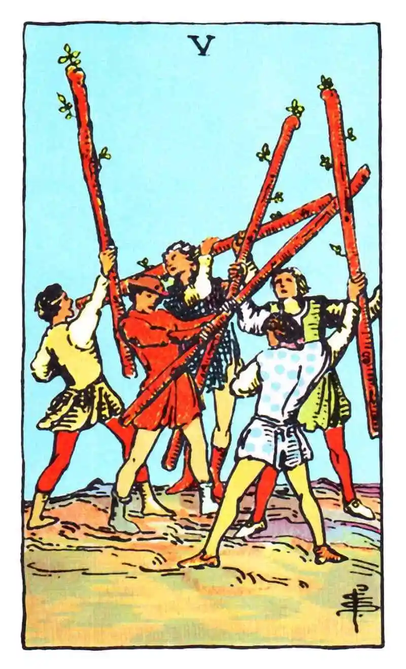 5 people holding up wands as the five of wands tarot card.