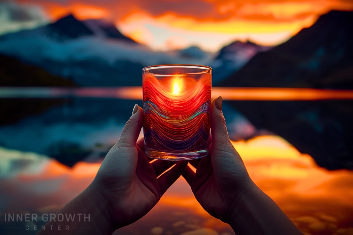 Holding a candle, a flickering light, in front of beautiful scenery with a setting sun.