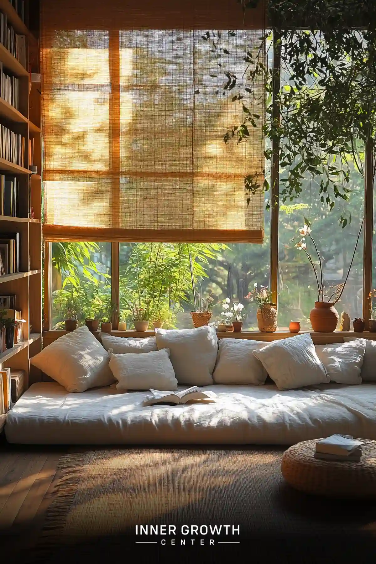 A minimalist floor-level reading area features a white floor mattress with pillows, bamboo window shades, potted plants along the windowsill, and built-in bookshelves in warm sunlight.