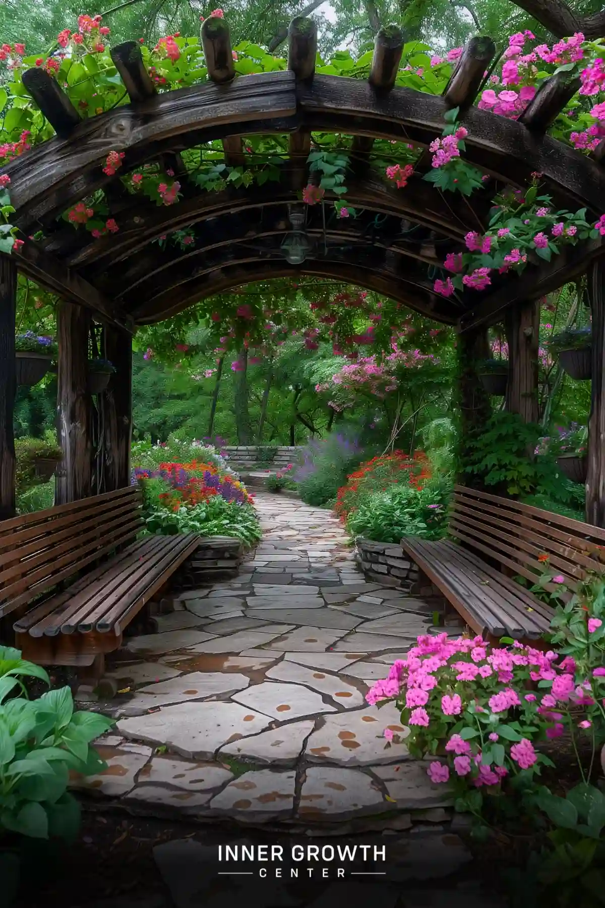 A lush garden path with a wooden arbor covered in colorful flowers leads to a serene meditation area.