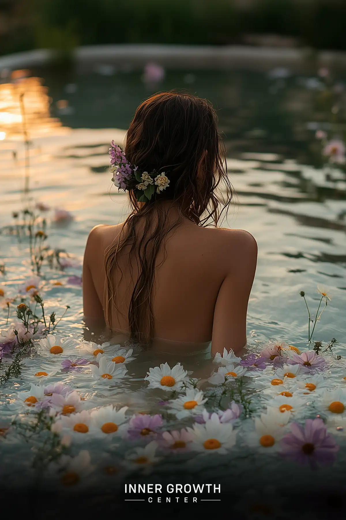 Woman immersed in a flower-filled bath, adorned with a floral hair piece, symbolizing spiritual cleansing.