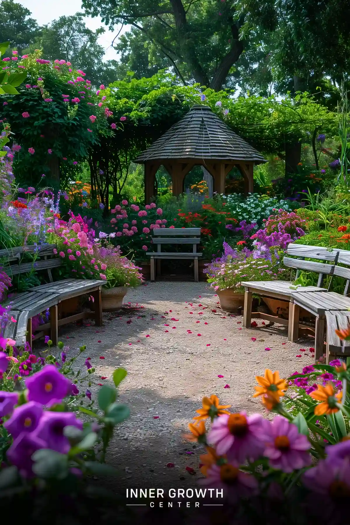 A winding garden path lined with colorful flowers leads to a wooden gazebo surrounded by lush greenery.