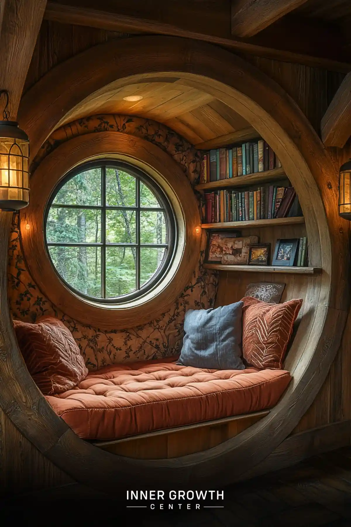 A cozy hobbit-style reading nook featuring floral wallpaper, a round gridded window, terracotta cushions, and wooden lantern sconces.