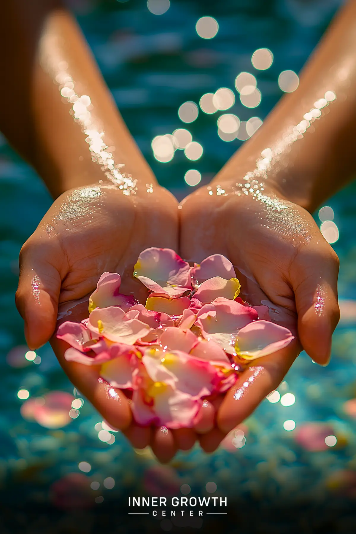 Hands cupping pink flower petals over sparkling water, symbolizing a spiritual offering and cleansing ritual.