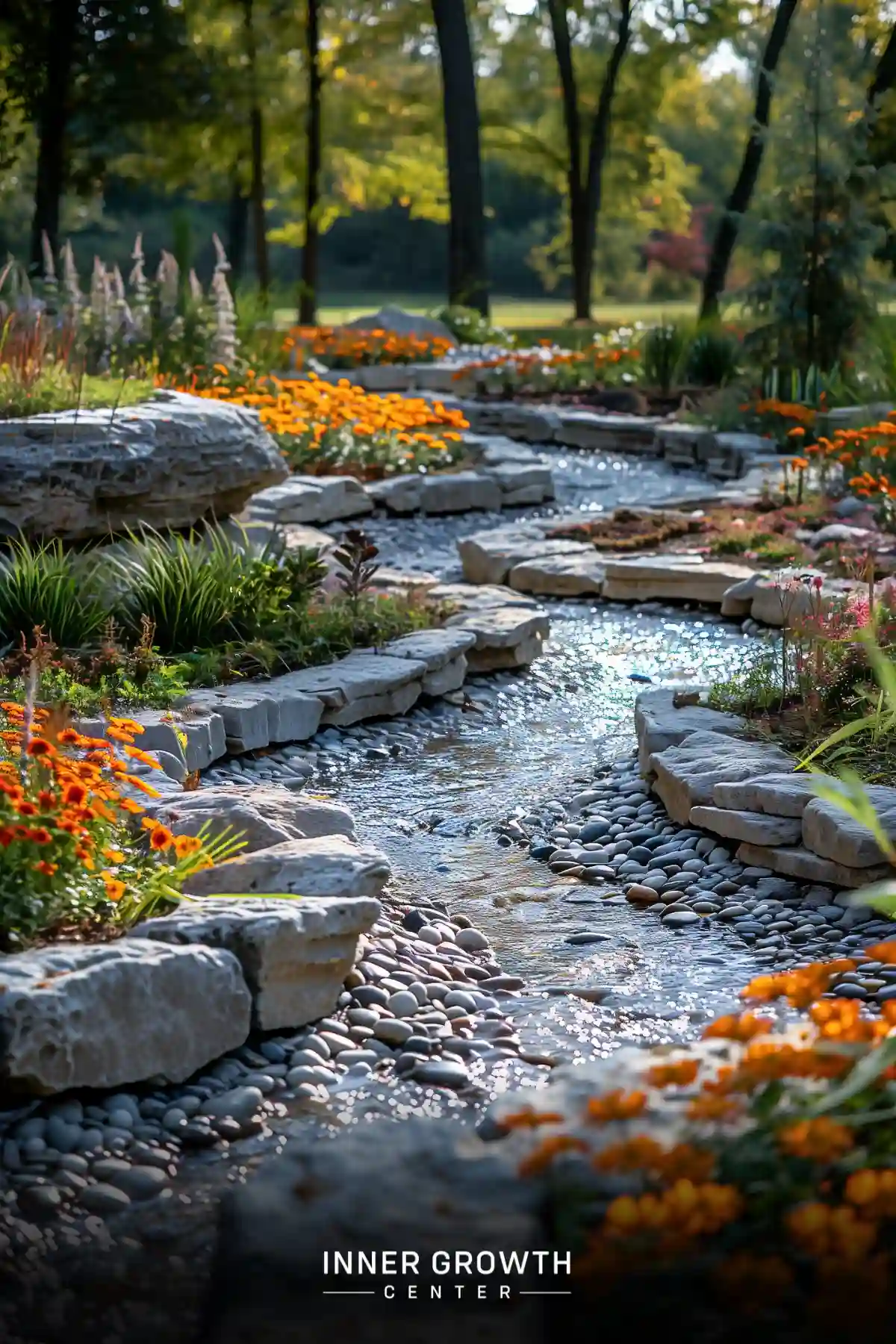 A serene garden stream lined with rocks and colorful flowers, surrounded by lush greenery.