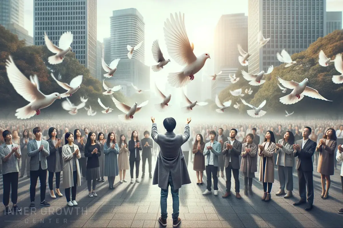 A man as the peacemaker releases white doves into the air.