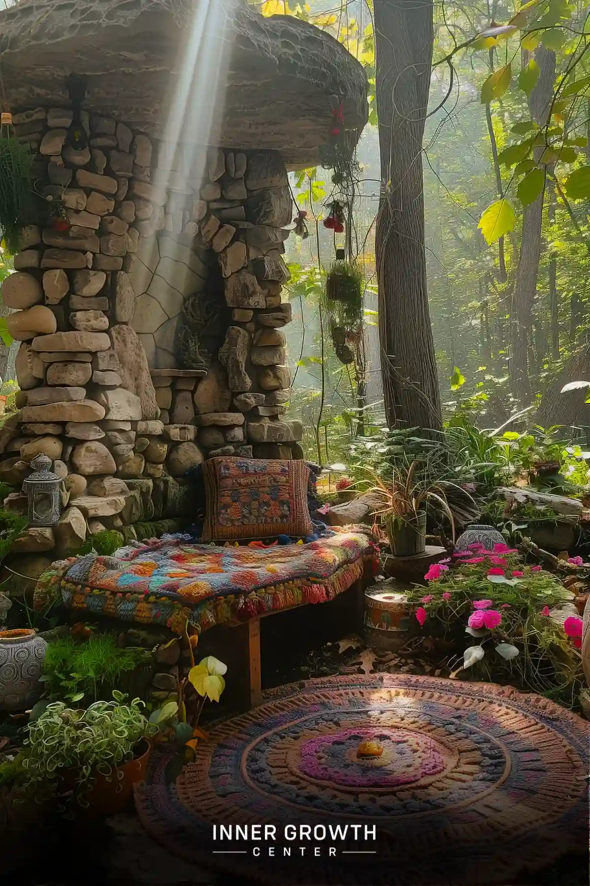 A cozy outdoor meditation nook nestled in a forest, featuring a stone alcove, colorful textiles, and lush greenery.