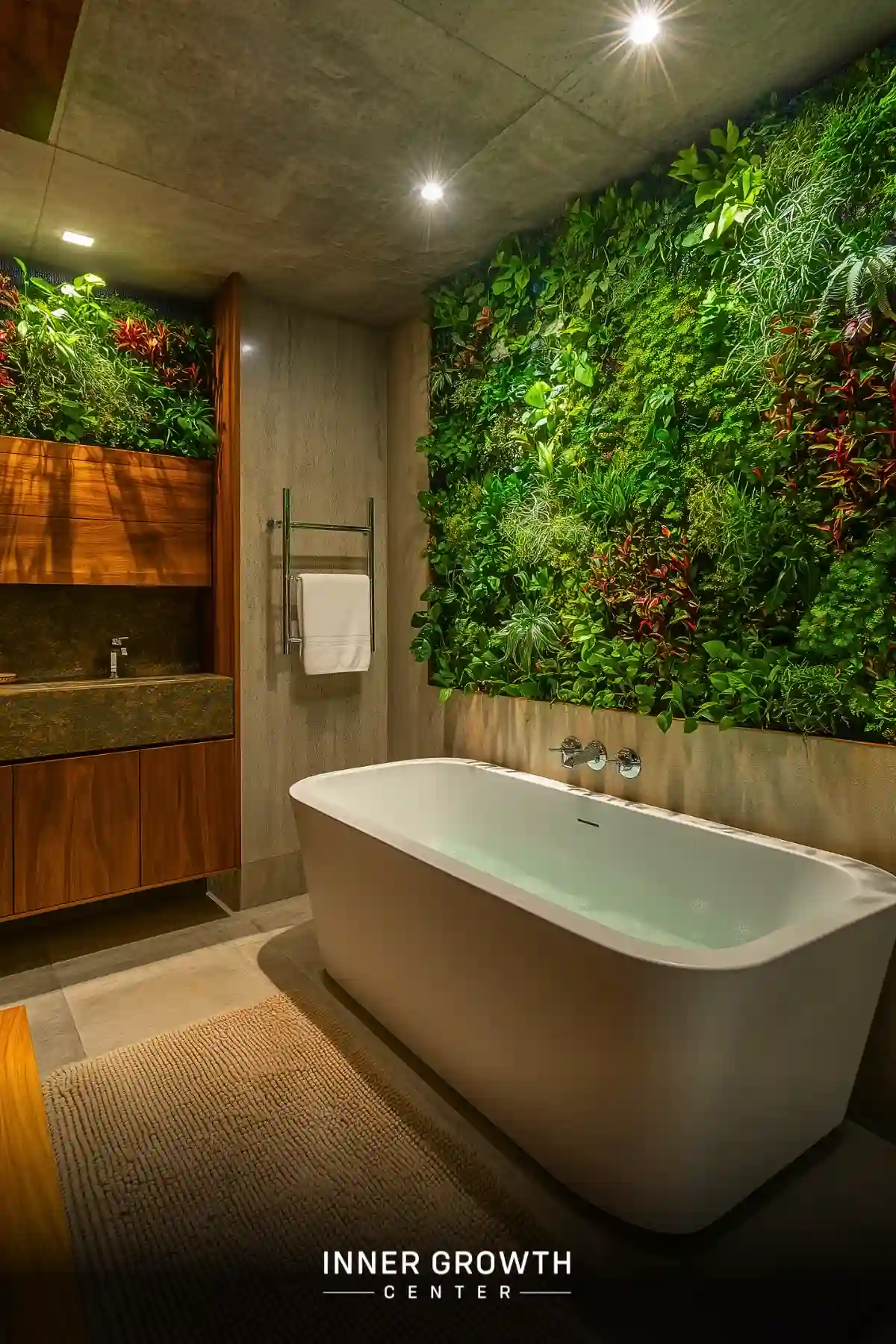 A modern bathroom features a freestanding white tub against a dramatic living wall filled with tropical plants and warm lighting.