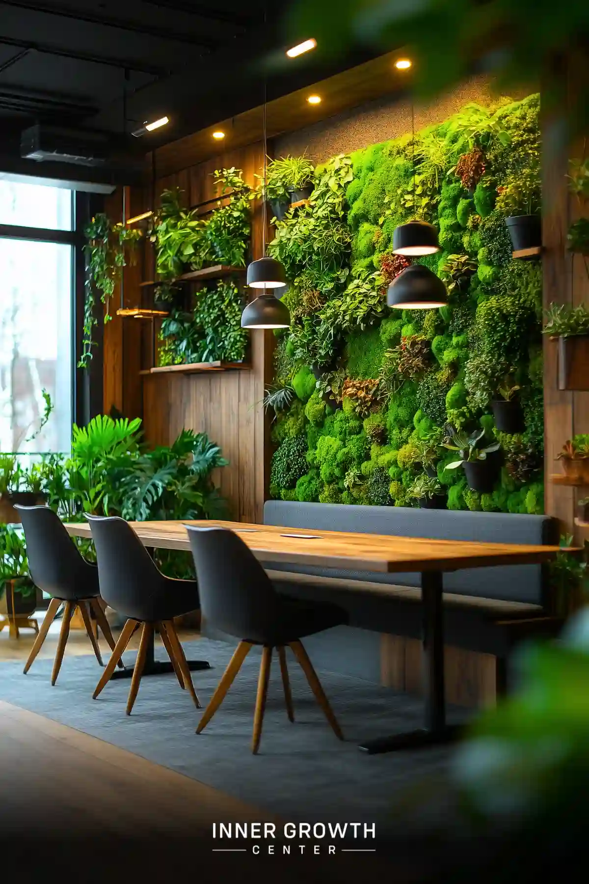 Modern restaurant booth with moss wall, wooden table, black chairs, and dome pendant lights against wooden paneling and floating shelves.