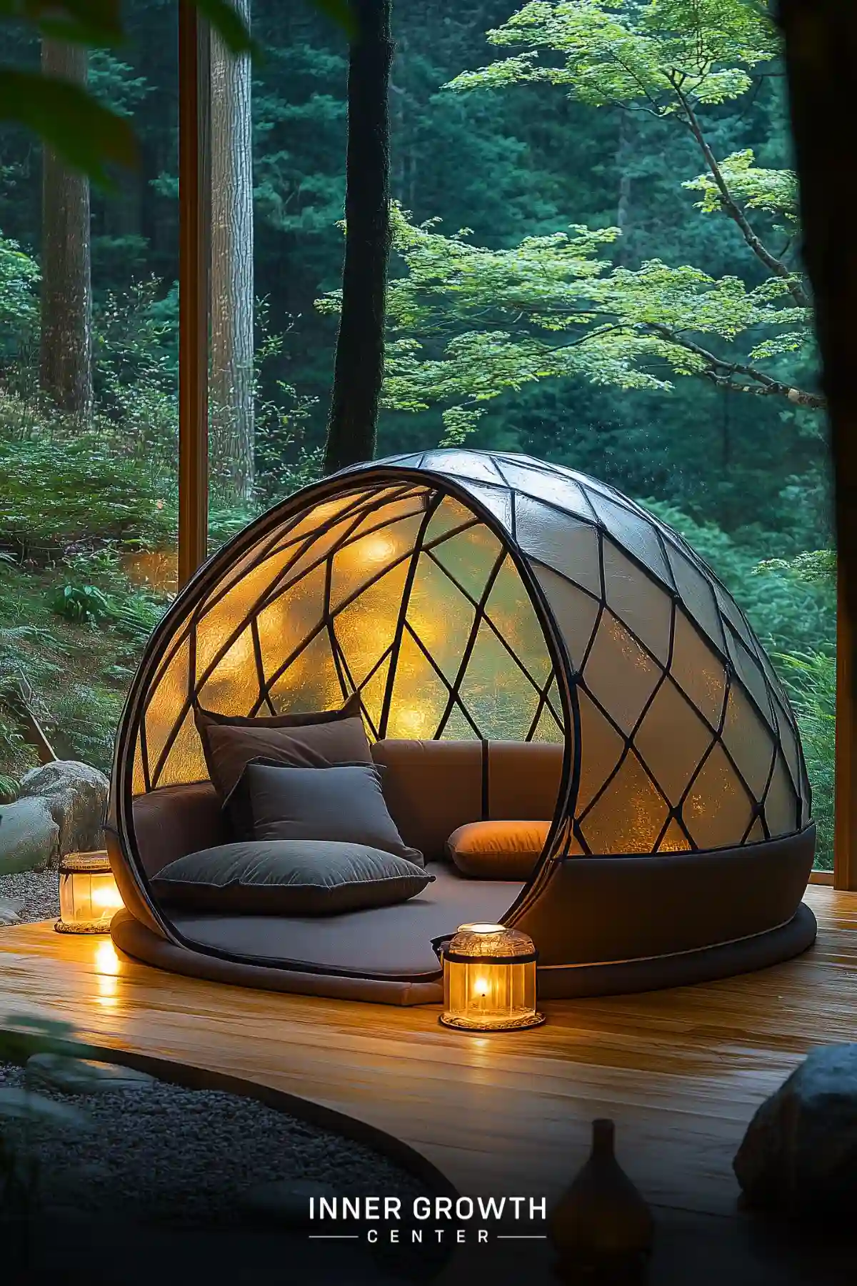 A glowing geodesic dome with cushions, set on a wooden platform overlooking a lush forest.