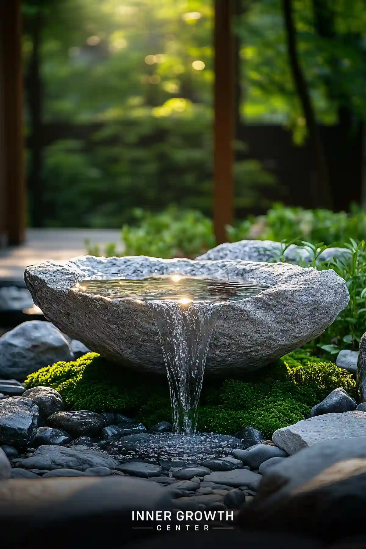 A stone basin fountain with flowing water surrounded by rocks and moss in a lush garden setting.