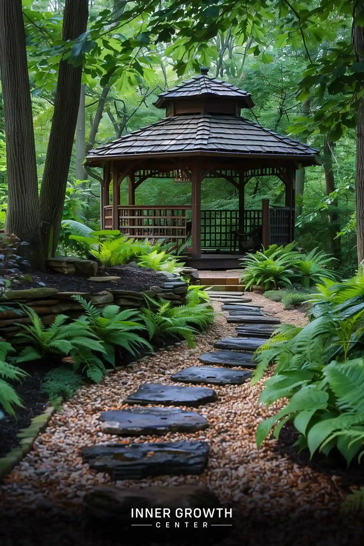 A wooden gazebo nestled in a lush forest garden with a stone path leading to it.