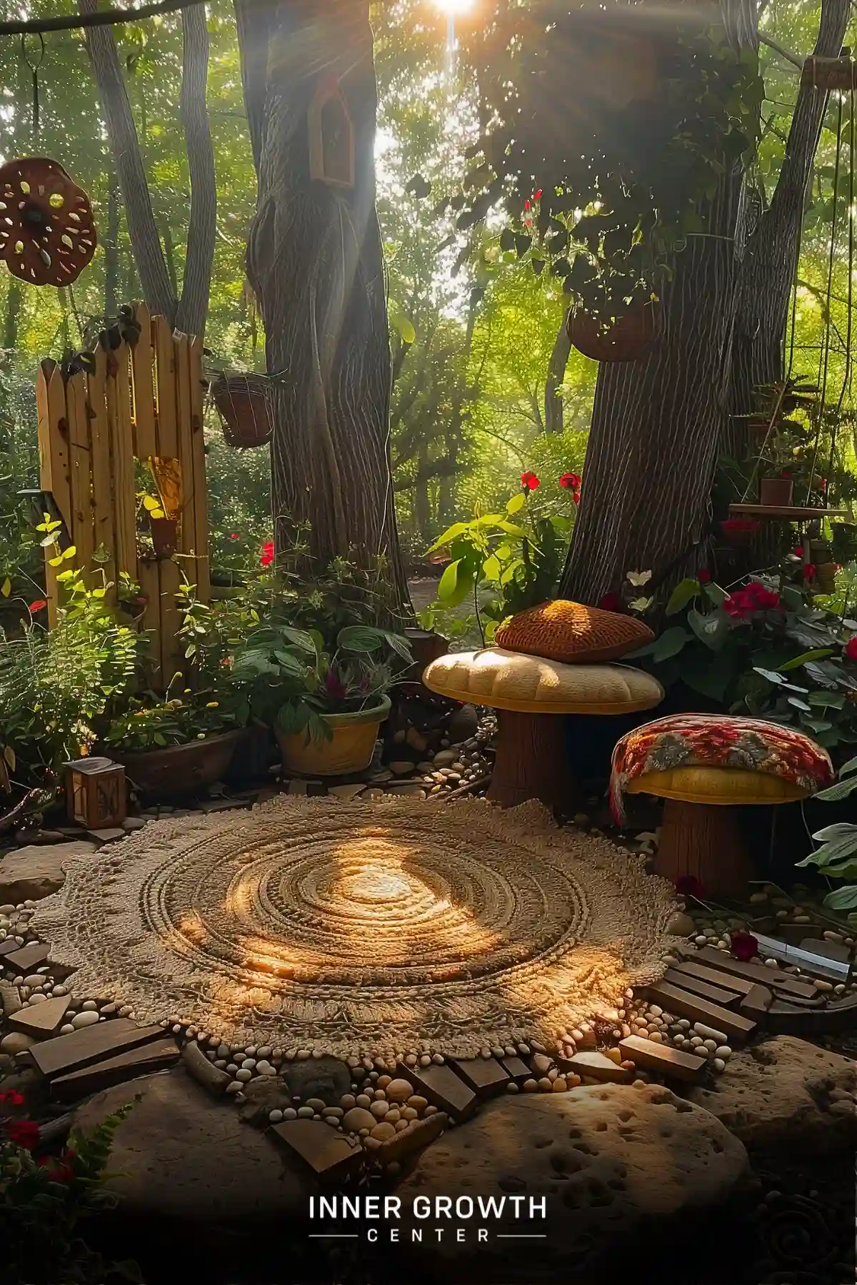 A sunlit forest meditation area with a circular rug, cushioned stools, and lush greenery.