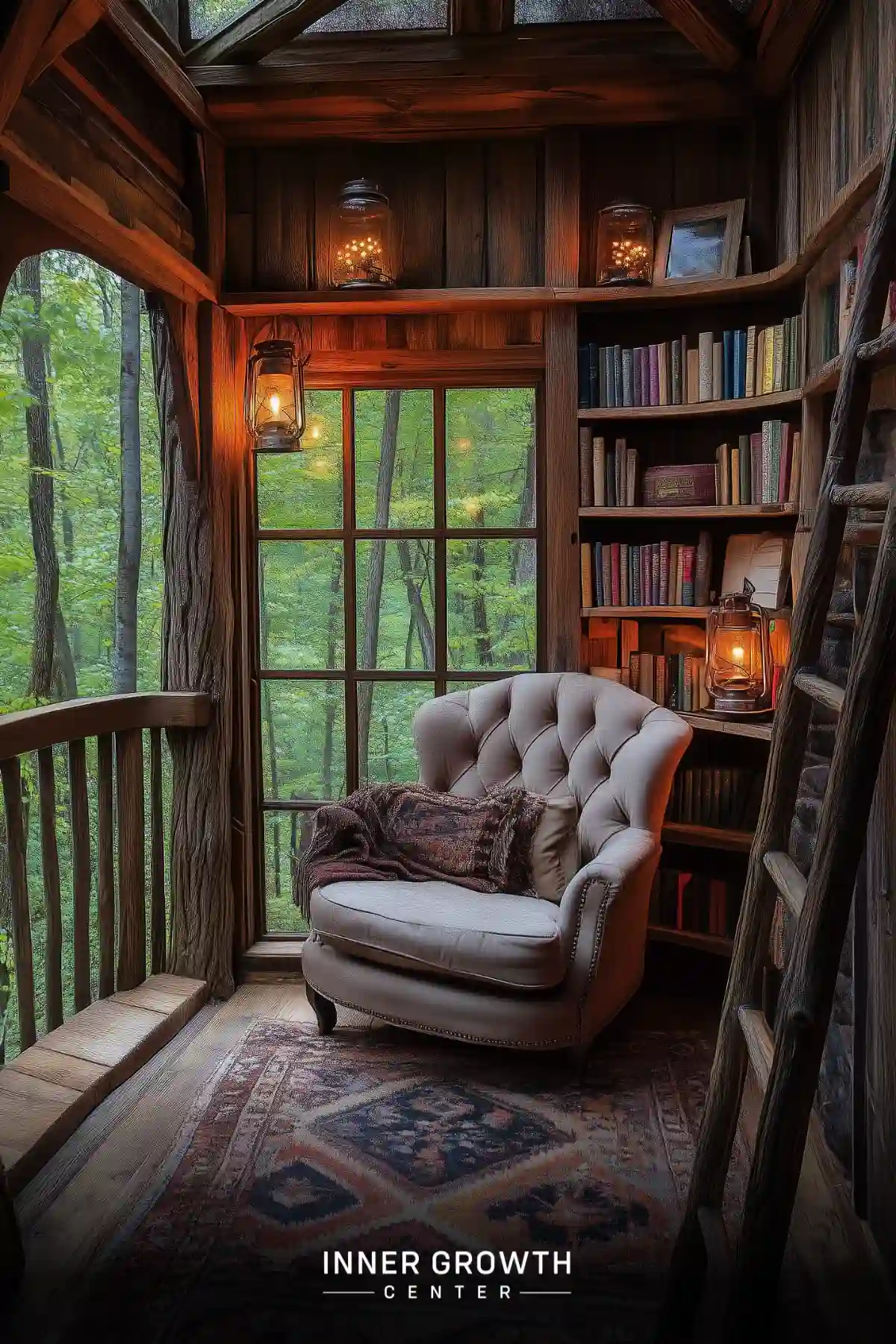 A cozy reading nook in a wooden treehouse overlooking a lush forest, featuring a comfortable armchair and bookshelves.