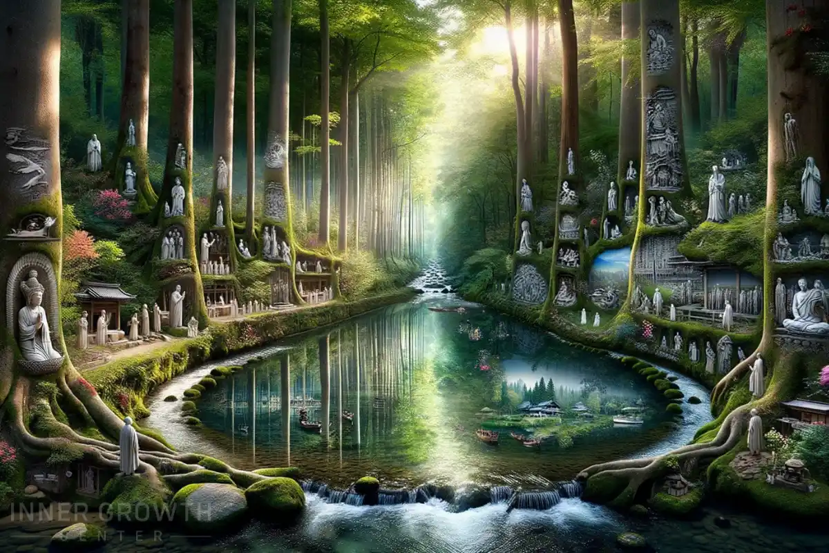 A serene forest with a clear stream flowing through, with historical scenes reflected.