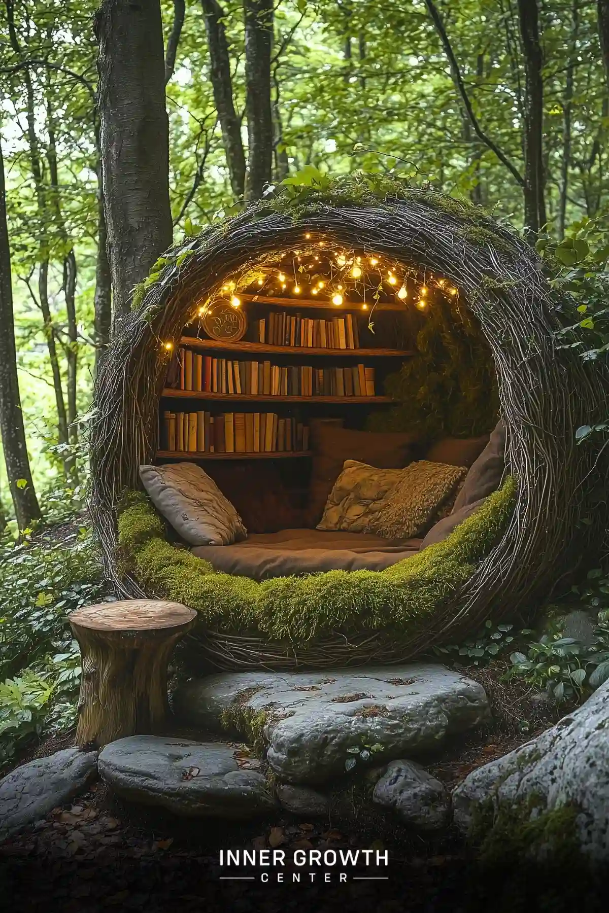 Cozy dome-shaped reading nook nestled in a lush forest, filled with books and soft lighting.