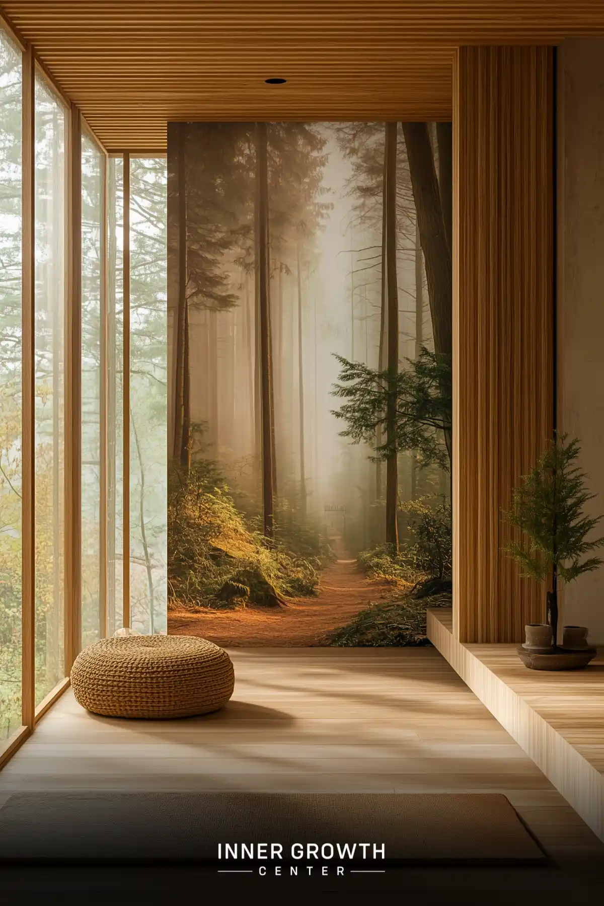 Serene meditation space with large forest mural and natural wood elements