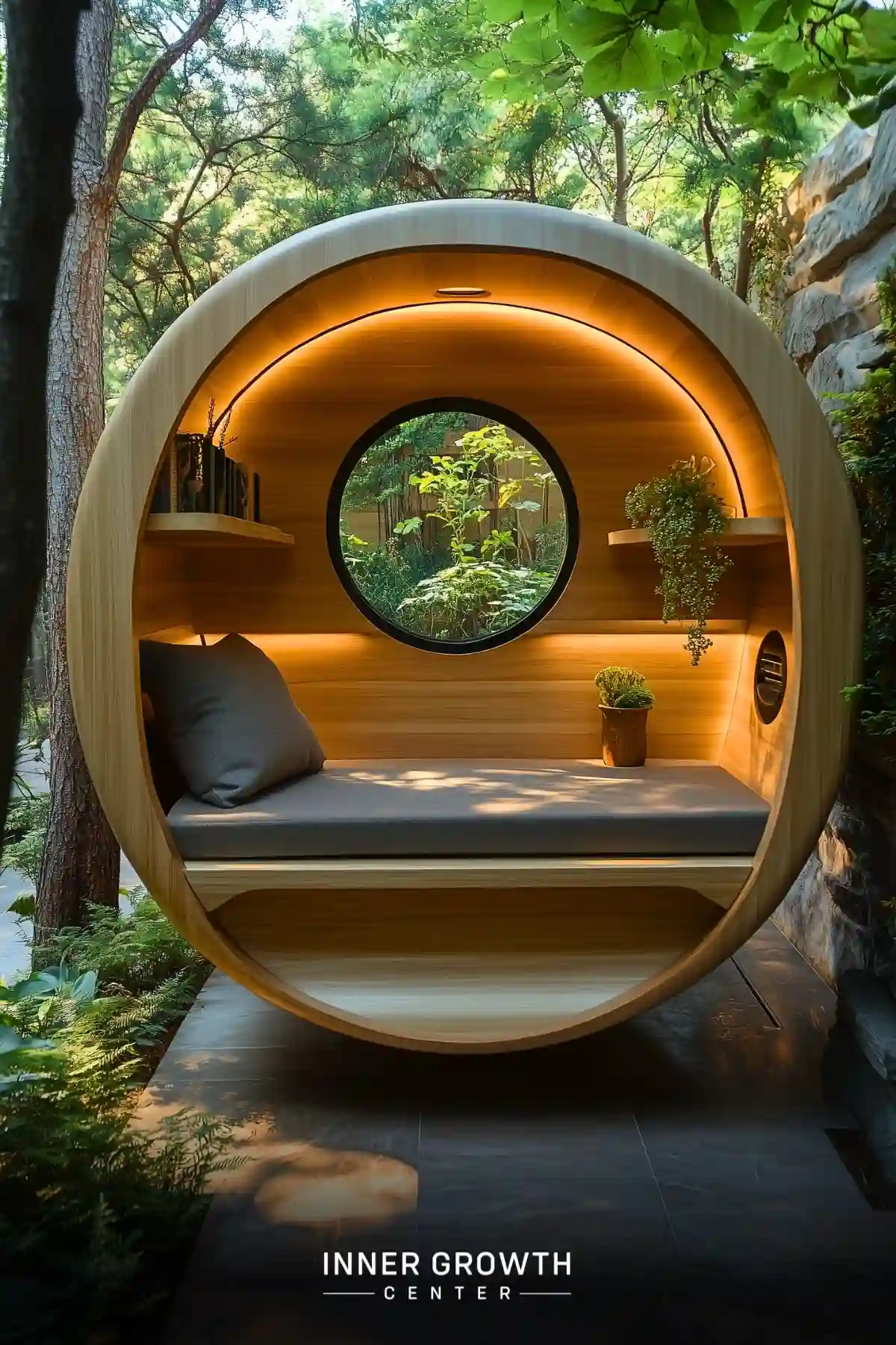 A circular wooden meditation pod nestled among trees features a round window, built-in seating, and warm ambient lighting.