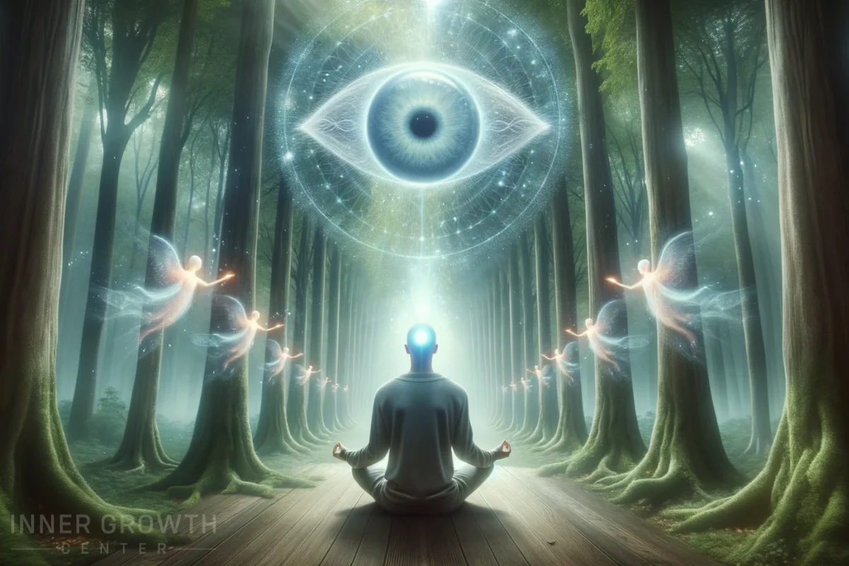 A person in a forest with spirits and the third eye.