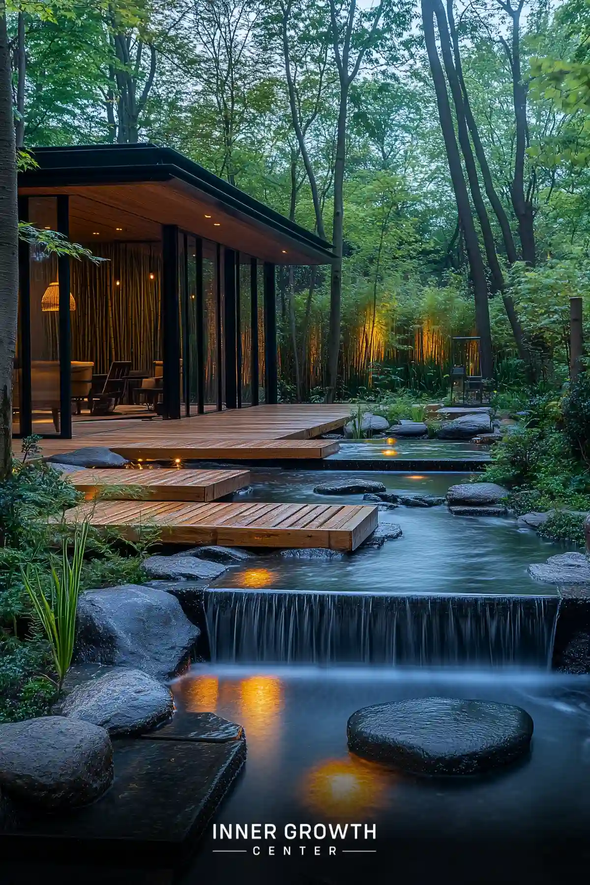 A modern wooden pavilion nestled in a lush forest, overlooking a serene stream with stepping stones and waterfalls.