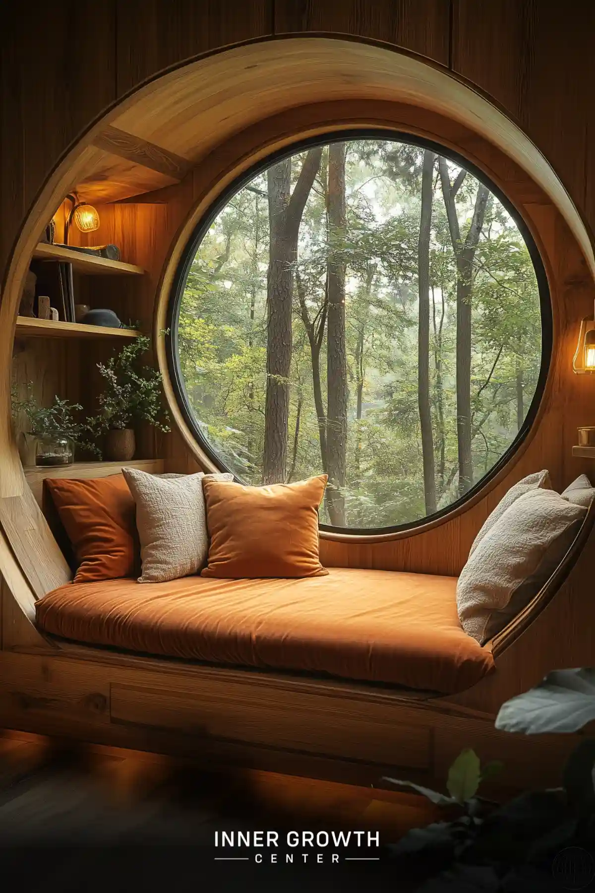 A wooden reading nook features a large circular window overlooking a forest, with a built-in bench decorated with orange and cream cushions.