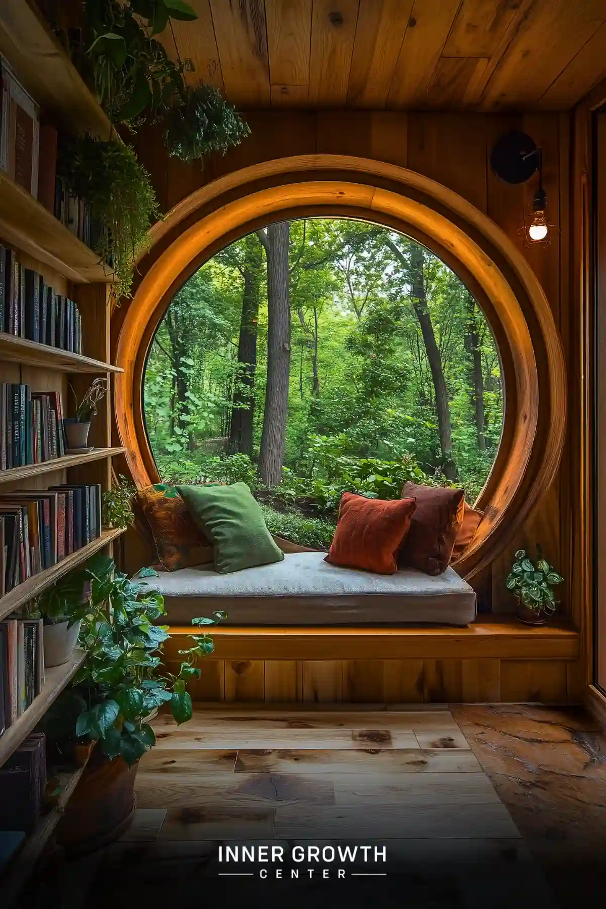 A hobbit-style reading nook with a circular window overlooking a forest, featuring natural pine walls, built-in bookshelves, and potted plants.